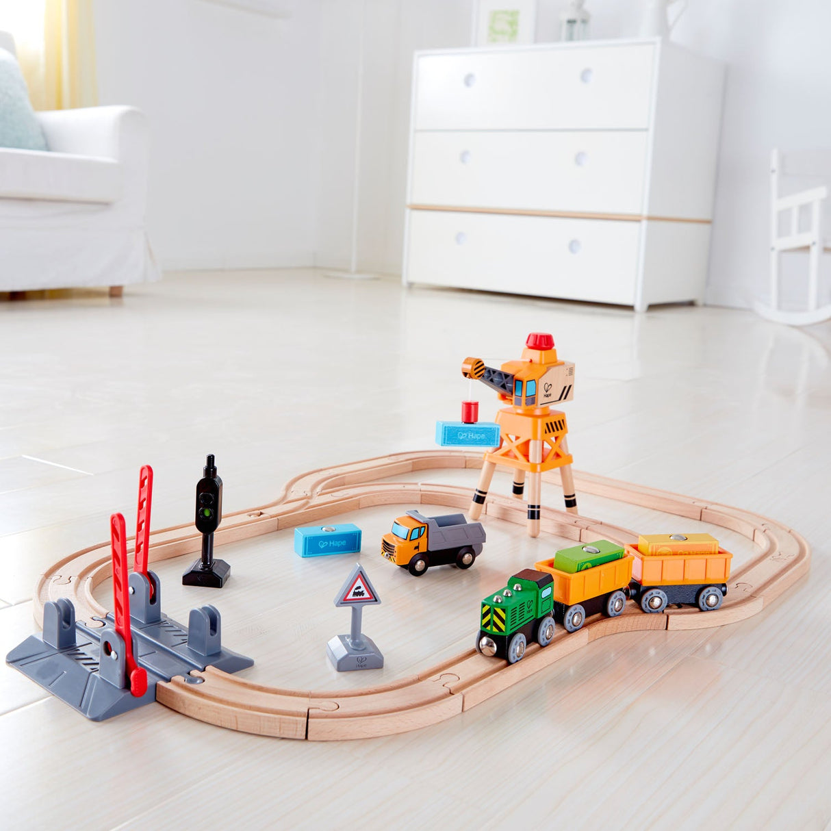 Hape E3732 Crossing & Crane Wooden Railway Set