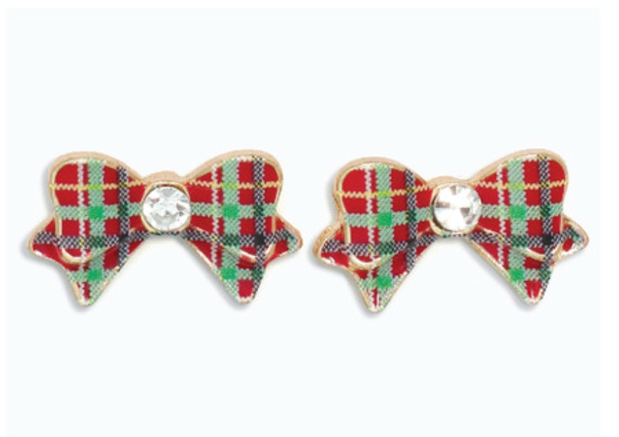 Plaid Bows with Crystals Earrings