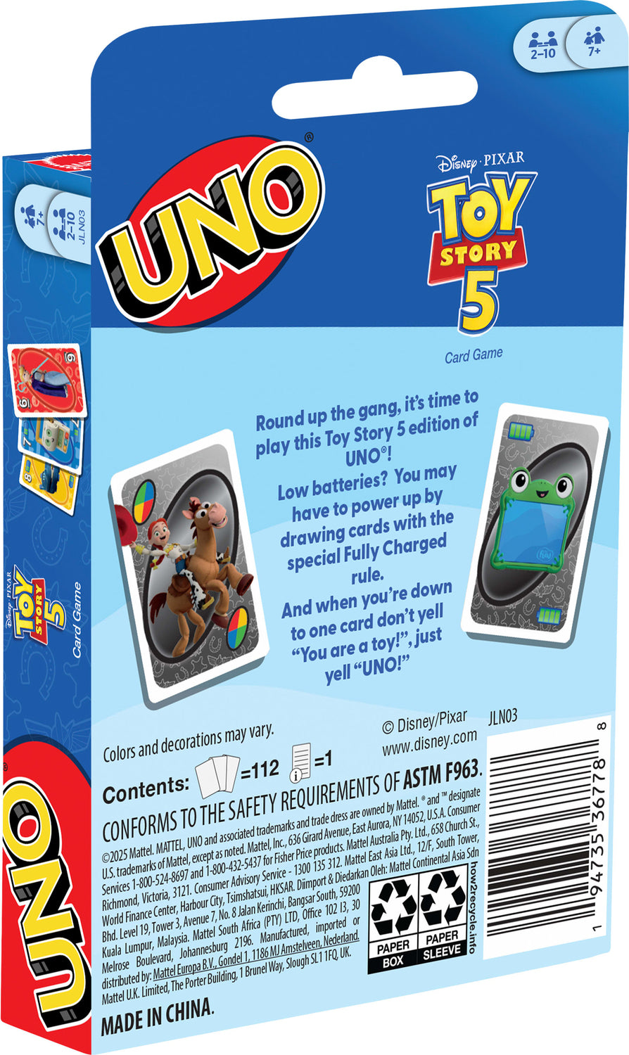 UNO Disney and Pixar Toy Story 5 Card Game for Kid, Adult & Family Nights, Deck Inspired by the Movie
