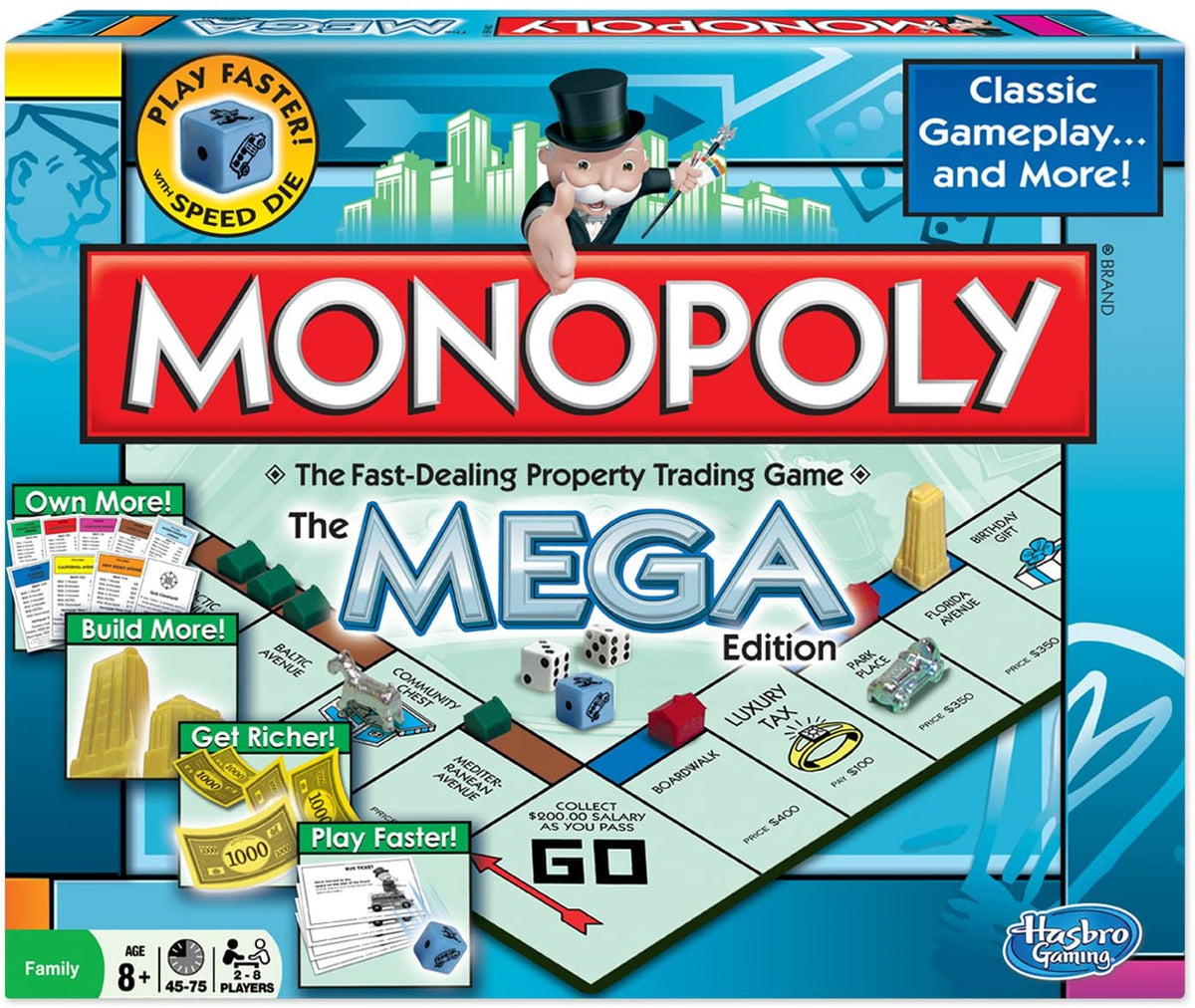 Monopoly Board Game The Mega Edition Fun Family 12 Extra Spaces New
