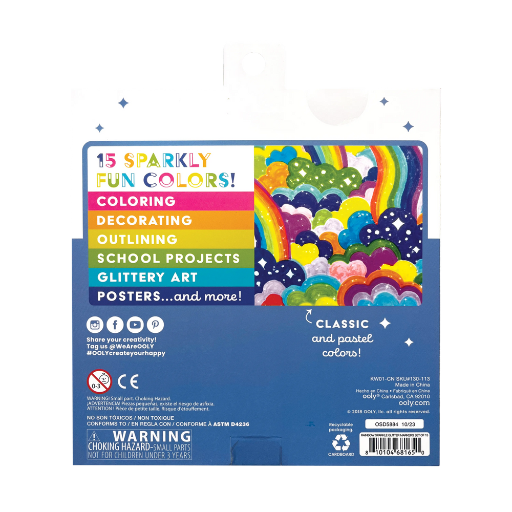 Rainbow Sparkle Glitter Markers - Set of 15
