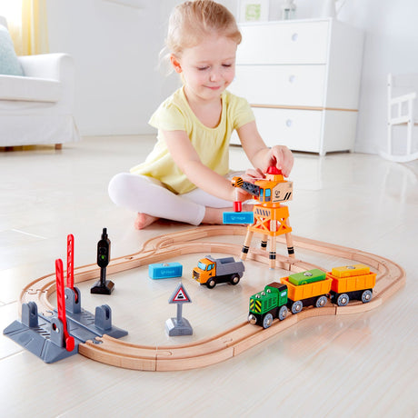 Hape E3732 Crossing & Crane Wooden Railway Set
