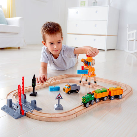 Hape E3732 Crossing & Crane Wooden Railway Set