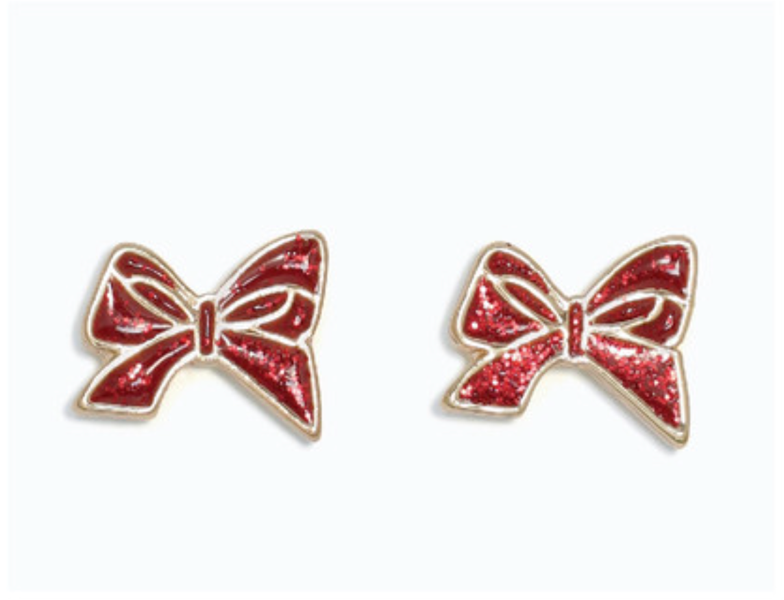 Red Glitter Bows Gold Earrings