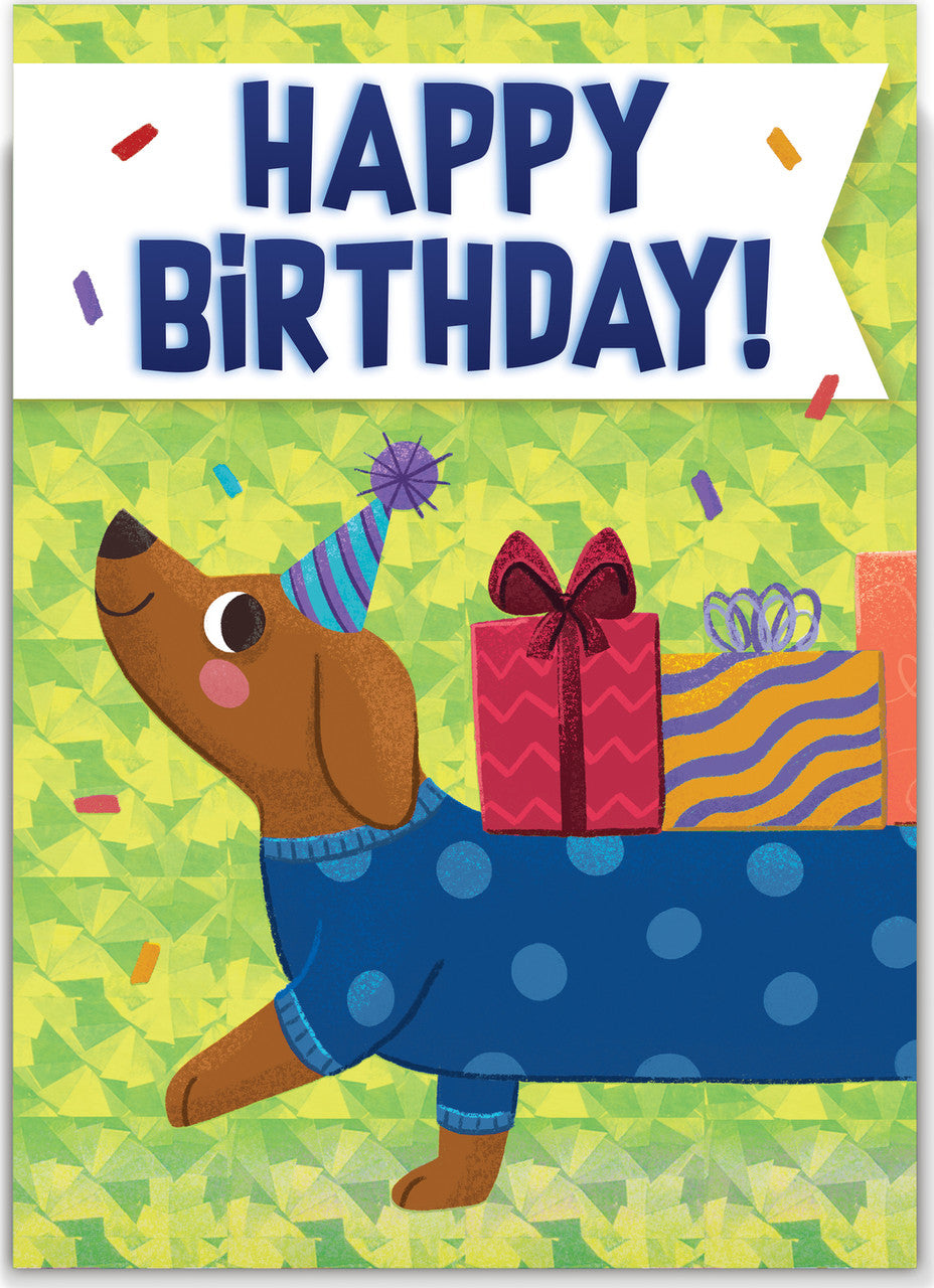 Wiener Dog with Gifts Foil Trifold Card
